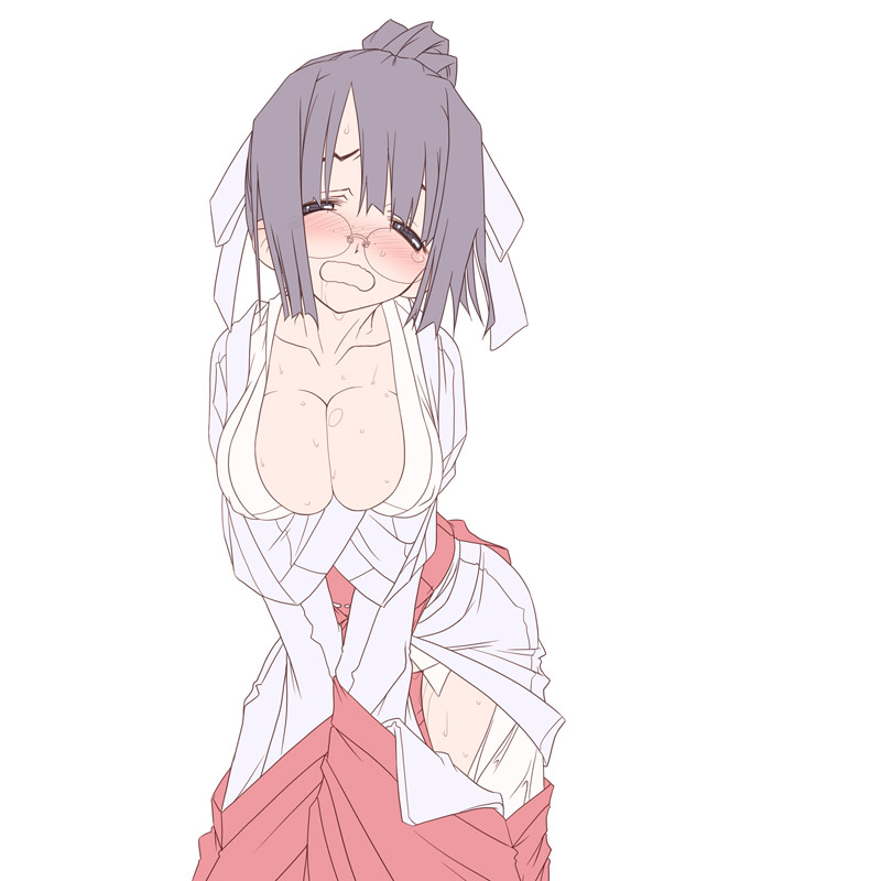 sakuya tsuitachi, original, 1girl, breasts, cleavage, female focus, glasses, hakama, hakama skirt, japanese clothes, large breasts, miko, open mouth, red hakama, simple background, skirt, solo, undressing, white background