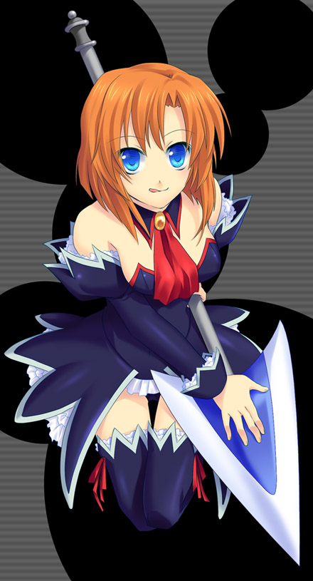 fuyuichi, ryuuguu rena, higurashi no naku koro ni, 00s, 1girl, angel mort, blue eyes, detached collar, female focus, orange hair, polearm, short hair, solo, spear, tongue, waitress, weapon