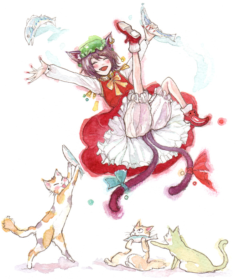 chihiro (kemonomichi), chen, touhou, 1girl, animal ears, bloomers, brown hair, cat, cat ears, cat tail, closed eyes, earrings, eating, fang, female focus, fingernails, fish, hat, jewelry, long fingernails, mob cap, multiple tails, nail (hardware), ribbon, short hair, solo, tail, tail ornament, tail ribbon, underwear, white bloomers