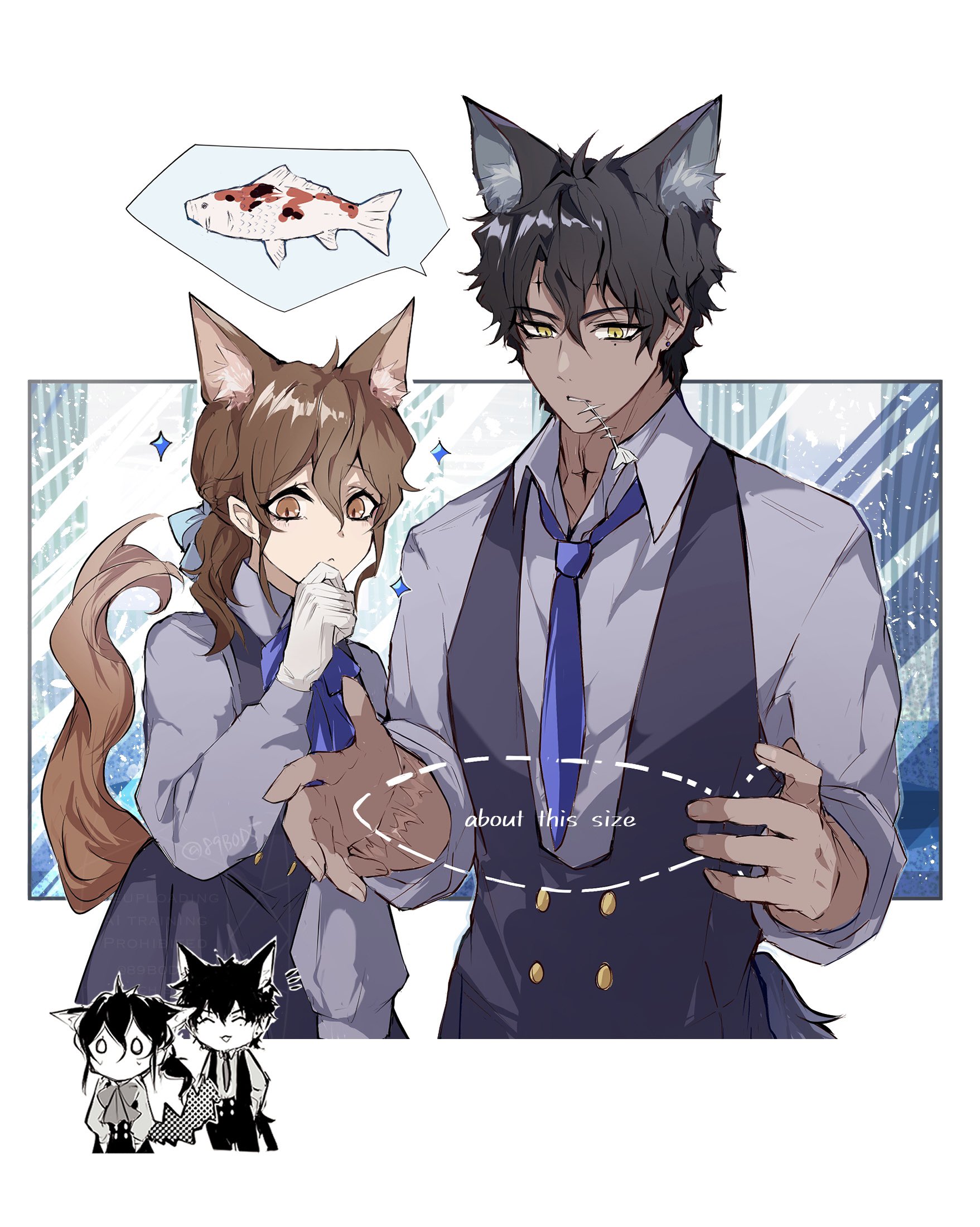 sodamachi, miranda lotto, tyki mikk, d.gray-man, highres, 1boy, 1girl, abstract background, animal ears, antenna hair, black hair, black skirt, black vest, blue background, blue bow, blue necktie, blue ribbon, border, bow, brown eyes, brown hair, cat ears, cat tail, chibi, clone, collared shirt, cross, dark-skinned male, dark skin, earrings, english text, facial mark, facing another, fish, fish skeleton, forehead mark, gloves, grey shirt, hair between eyes, hair bow, hair ribbon, hand on own chin, jewelry, koi, long hair, looking at viewer, looking down, low ponytail, mature female, mature male, messy hair, mole, mole under eye, neck tattoo, necktie, noah (d.gray-man), outside border, parted lips, ponytail, ribbon, scar, scar on arm, shirt, short hair, sidelocks, signature, skirt, sleeves rolled up, snow, snowing, speech bubble, star (symbol), striped background, stud earrings, tail, tattoo, thought bubble, twitter username, vest, wavy hair, white border, white gloves, yellow eyes
