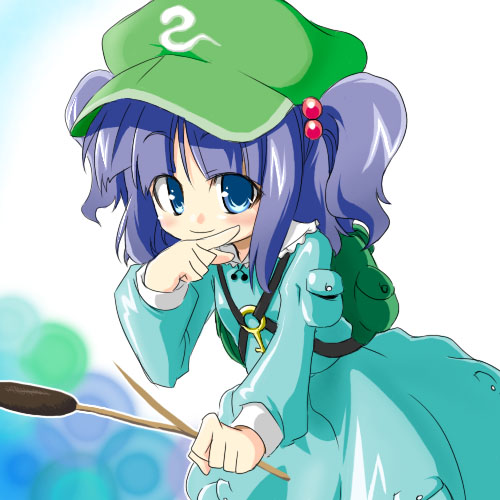tajima yuuki, kawashiro nitori, touhou, lowres, 1girl, backpack, bag, blue dress, blue eyes, blue hair, blunt bangs, blush, closed mouth, dress, female focus, flat cap, frown, hair bobbles, hair ornament, hat, looking at viewer, matching hair/eyes, pocket, pointing, simple background, solo, two side up, white background