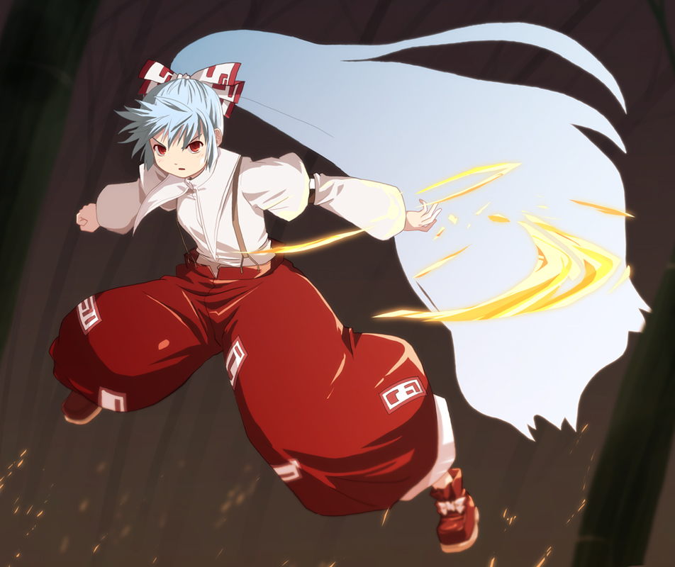 haniwa, haniwa (leaf garden), fujiwara no mokou, touhou, silver hair, 1girl, bow, dress shirt, female focus, fire, hair bow, hair ribbon, long hair, pants, red eyes, ribbon, shirt, shoes, solo, suspenders, white shirt
