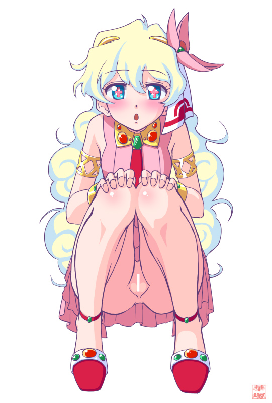 hanazuka ryouji, nia teppelin, tengen toppa gurren lagann, + +, 00s, 1girl, anklet, armlet, blush, bracelet, brooch, censored, cross-shaped pupils, dress, female focus, flat chest, flower, hair flower, hair ornament, jewelry, long hair, multicolored hair, necktie, no panties, open mouth, pink dress, pussy, sleeveless, solo, squatting, symbol-shaped pupils, very long hair
