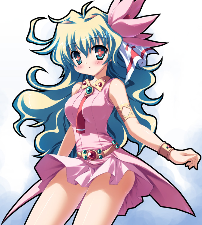 takeponi, nia teppelin, tengen toppa gurren lagann, + +, 00s, 1girl, armlet, bracelet, cross-shaped pupils, dress, female focus, flower, hair flower, hair ornament, jewelry, long hair, multicolored hair, pink dress, pink skirt, skirt, sleeveless, solo, symbol-shaped pupils, wind, wind lift