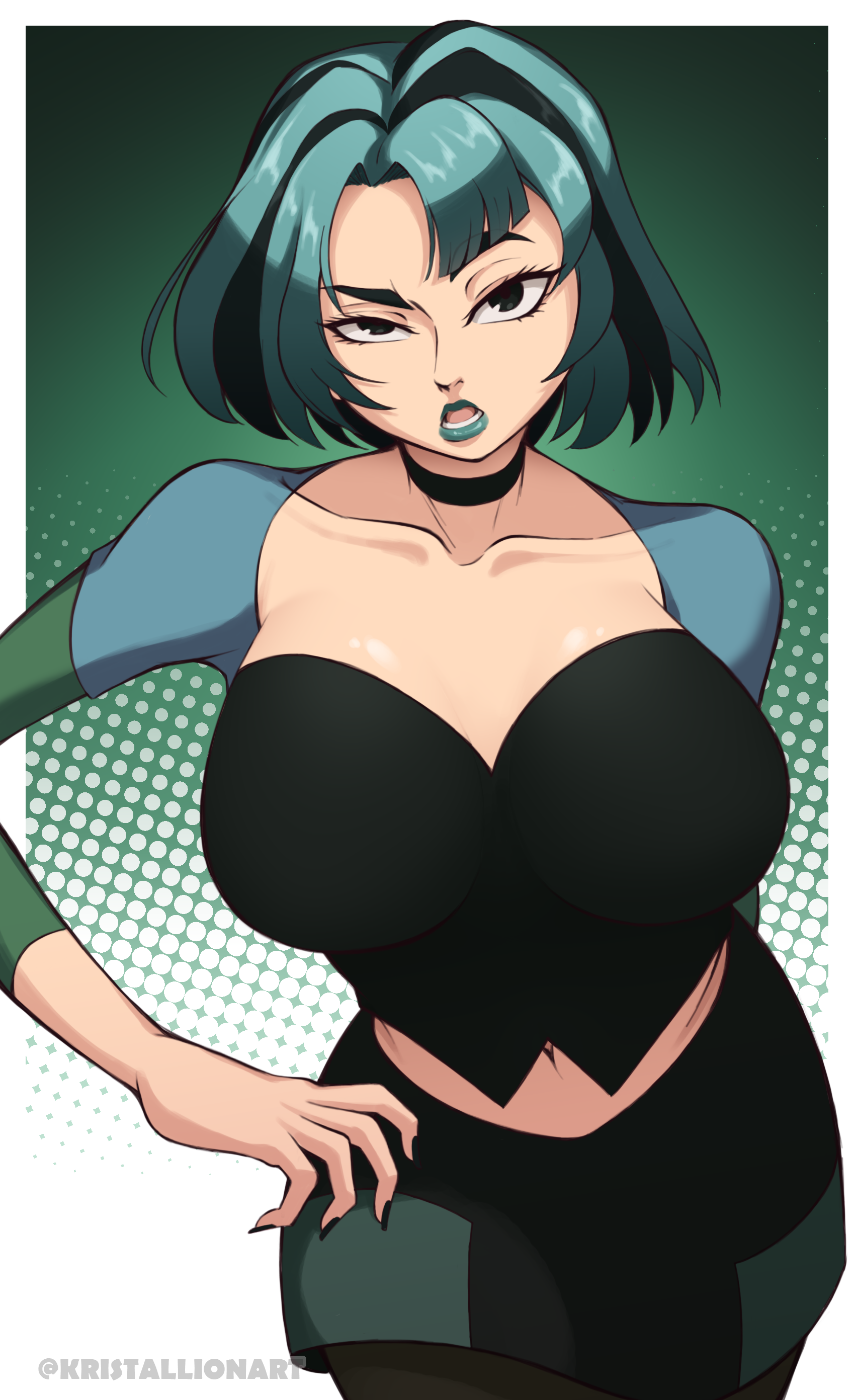 kristallion, gwen (total drama), total drama, black eyes, breasts, choker, cleavage, green hair, hand on own hip, lipstick, looking at viewer, makeup, midriff peek, multicolored hair, nail polish, open mouth, short hair, skirt, thick eyebrows