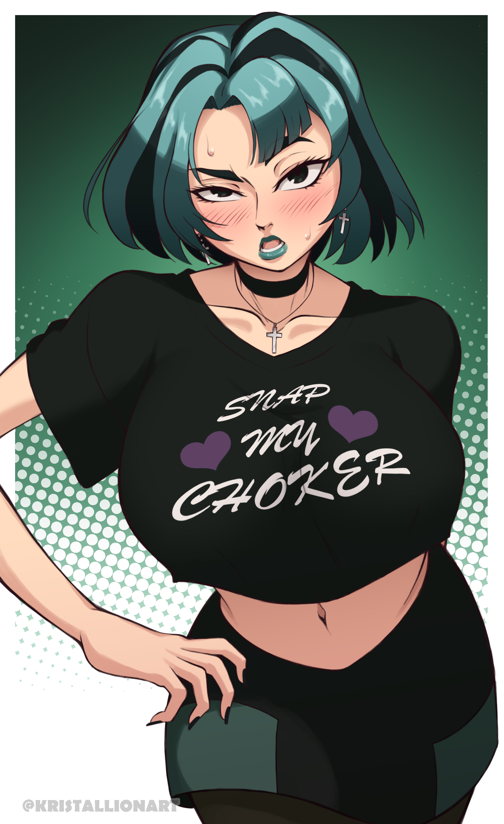 kristallion, gwen (total drama), total drama, black eyes, black shirt, blush, breasts, choker, cross, earrings, green hair, jewelry, lipstick, looking at viewer, makeup, midriff, multicolored hair, nail polish, navel, necklace, open mouth, shirt, short hair, skirt, snap my choker (phrase), sweatdrop, thick eyebrows