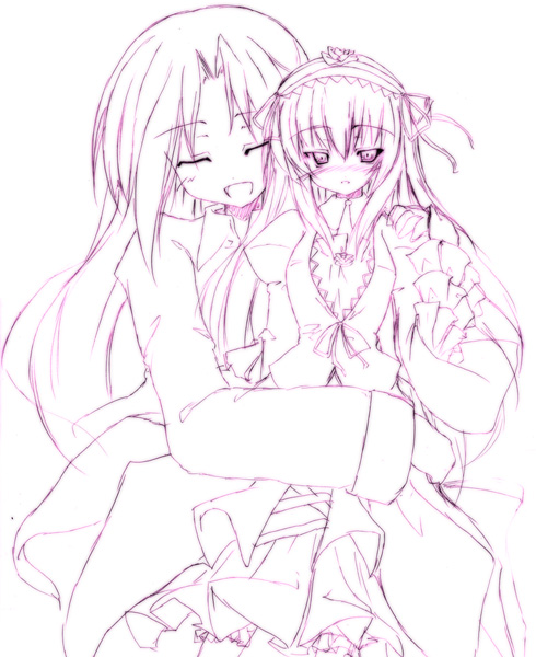 sen (astronomy), kakizaki megu, suigintou, rozen maiden, 00s, 2girls, blush, closed eyes, doll, dress, frills, gothic lolita, hairband, hug, hug from behind, lolita fashion, long hair, looking at viewer, monochrome, multiple girls, pajamas, parted lips, purple theme, simple background, yuri