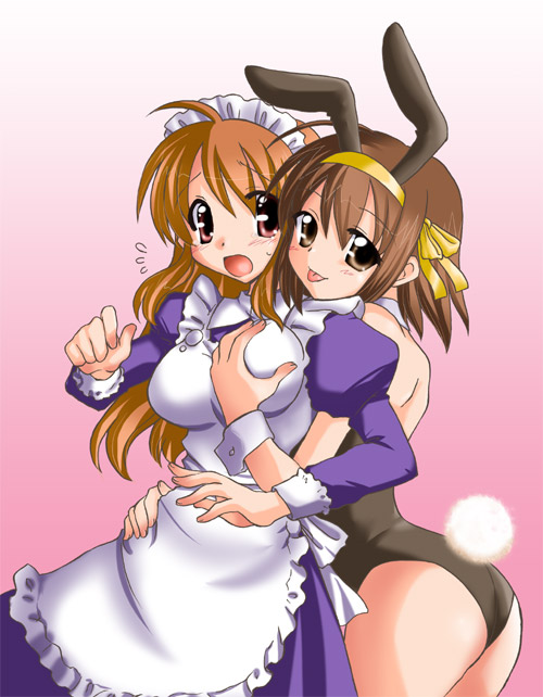 c-chaos, asahina mikuru, suzumiya haruhi, suzumiya haruhi no yuuutsu, 00s, 2girls, animal ears, bare legs, breasts, brown hair, fake animal ears, grabbing another's breast, groping, large breasts, leotard, maid, multiple girls, no legwear, playboy bunny, rabbit ears, short hair, yuri
