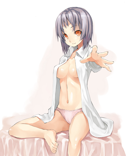 murata taichi, silver hair, lowres, 1girl, barefoot, bed, breasts, feet, female focus, medium breasts, open clothes, open shirt, orange eyes, panties, purple hair, shirt, solo, underwear