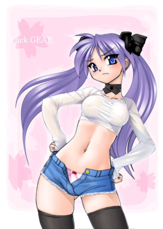 sakura ryuken, sakura ryuuken, hiiragi kagami, lucky star, 00s, 1girl, black thighhighs, blue eyes, blush, bow, bow panties, breasts, choker, covered erect nipples, crop top, cutoffs, denim, denim shorts, female focus, gluteal fold, hands on own hips, long hair, long sleeves, midriff, navel, nipples, open clothes, open shorts, panties, purple hair, see-through clothes, shirt, short shorts, shorts, skin tight, skindentation, solo, taut clothes, taut shirt, thighhighs, underwear