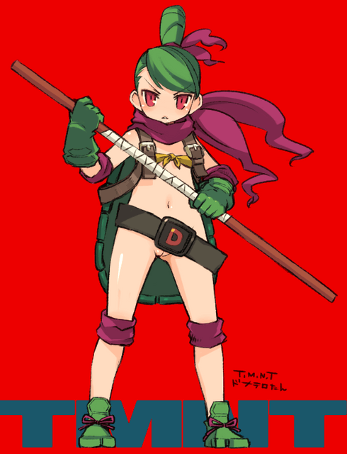 mota, donatello (tmnt), teenage mutant ninja turtles, 1girl, angry, bandages, belt, blush, bottomless, cleft of venus, cosplay, donatello (cosplay), donatello (tmnt) (cosplay), elbow pads, female focus, flat chest, front-tie top, gloves, green hair, green shoes, hair ribbon, high ponytail, knee pads, loli, navel, personification, ponytail, pussy, red eyes, ribbon, scarf, shoes, solo, staff, standing, strapless, topknot, tube top, uncensored
