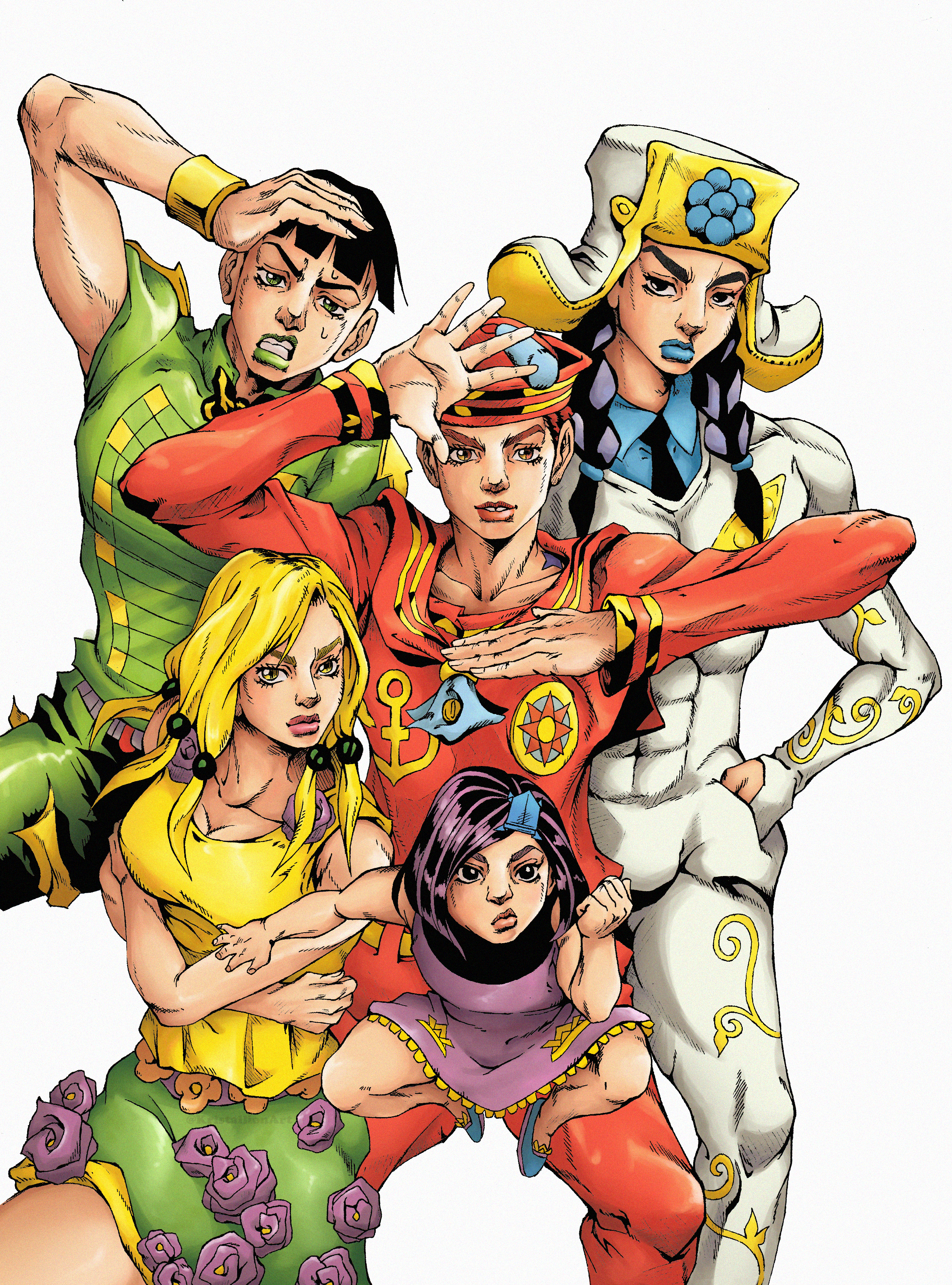 kristallion, higashikata joshu, higashikata josuke, higashikata tsurugi, hirose yasuho, mamezuku rai, jojo no kimyou na bouken, jojolion, tie, 1girl, 4boys, araki hirohiko (style), artstyle imitation, birthmark, black eyes, black hair, blonde hair, blue shoes, bodysuit, bracelet, braid, braided ponytail, clenched teeth, crossed arms, flower, green eyes, hair ornament, hand in pocket, hand on own face, hand on own head, hat, jewelry, joestar birthmark, jojo pose, lipstick, long hair, looking at viewer, makeup, multicolored eyes, multiple boys, open mouth, orange hair, origami, ponytail, purple hair, rose, sailor collar, sailor hat, sailor shirt, shirt, shoes, short hair, skirt, sleeveless, sleeveless shirt, sweatdrop, teeth, yellow eyes