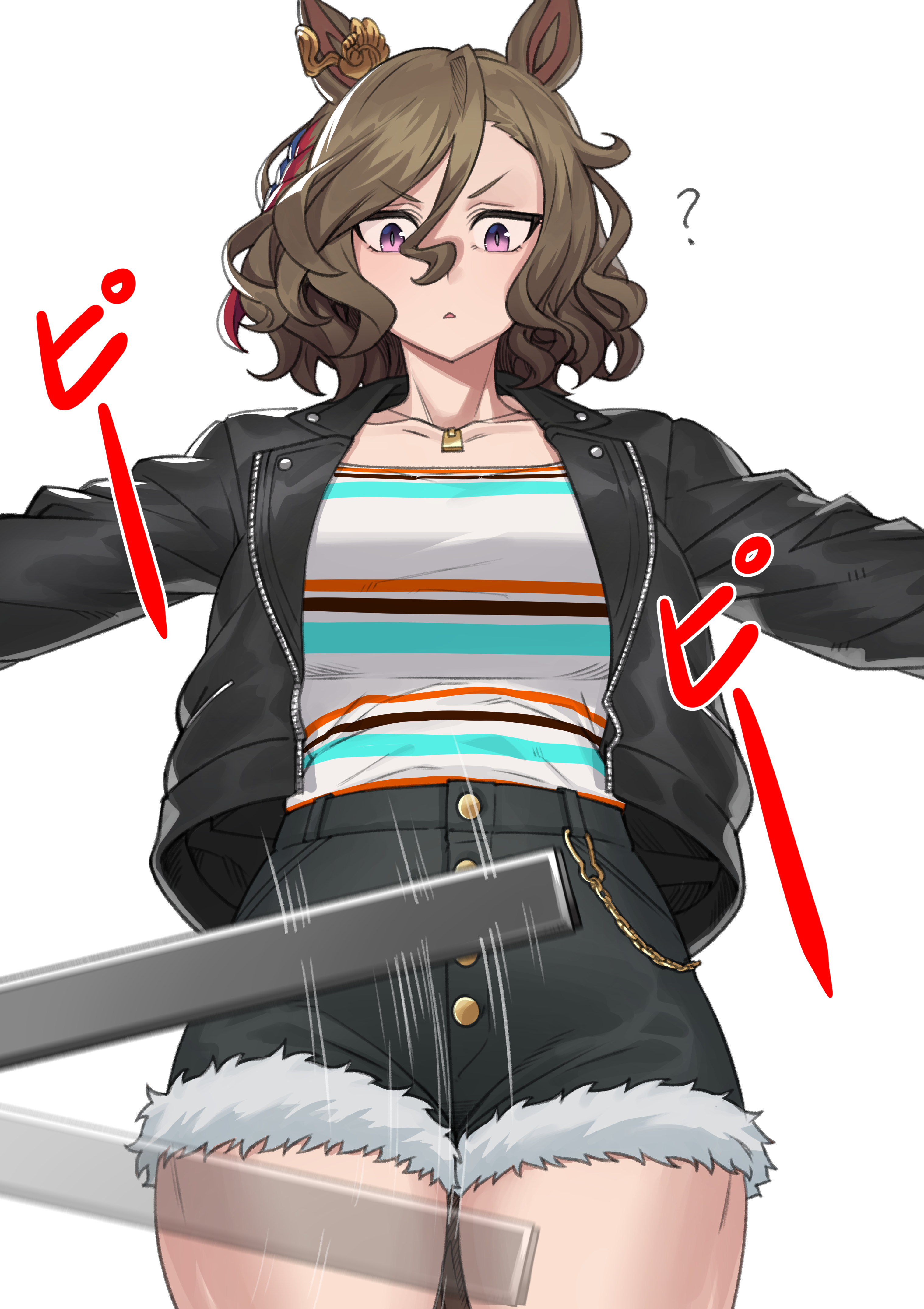 fukuro (maruaru00), tap dance city (umamusume), umamusume, absurdres, commentary, commission, highres, paid reward available, pixiv commission, 1girl, airport security, animal ears, black jacket, black shorts, breasts, brown hair, casual, chain, cowboy shot, denim, denim shorts, ear ornament, fur-trimmed shorts, fur trim, hair between eyes, handheld metal detector, horse ears, horse girl, jacket, jewelry, large breasts, leather, leather jacket, looking down, necklace, open clothes, open jacket, purple eyes, shirt, short hair, shorts, simple background, solo, striped clothes, striped shirt, white background