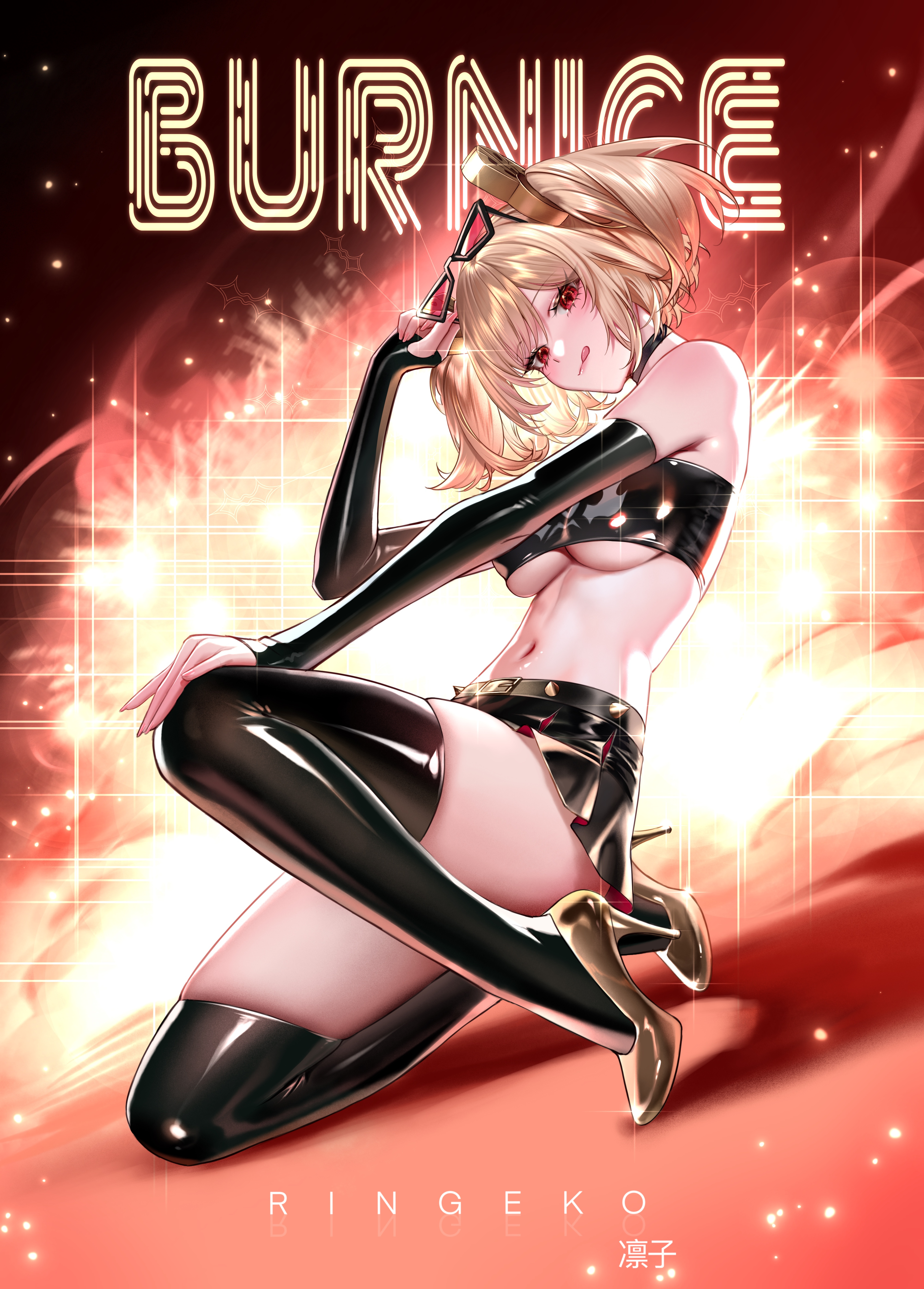 ringeko-chan, burnice white, zenless zone zero, absurdres, commentary, english commentary, highres, 1girl, :q, bare shoulders, black choker, black gloves, black skirt, black thighhighs, black tube top, blonde hair, breasts, character name, choker, crop top, elbow gloves, eyewear on head, fingerless gloves, fingernails, gloves, gold shoes, high heels, large breasts, looking at viewer, navel, on one knee, red-tinted eyewear, red eyes, shoes, short hair, short twintails, skirt, solo, squatting, stomach, strapless, thighhighs, tinted eyewear, tongue, tongue out, tube top, twintails, underboob