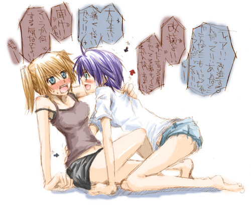 subaru nakajima, teana lanster, lyrical nanoha, mahou shoujo lyrical nanoha, mahou shoujo lyrical nanoha strikers, lowres, translation request, 00s, 2girls, all fours, arched back, bare legs, barefoot, black skirt, full body, miniskirt, multiple girls, shirt, short shorts, short sleeves, shorts, simple background, skirt, t-shirt, text focus, white background, yuri