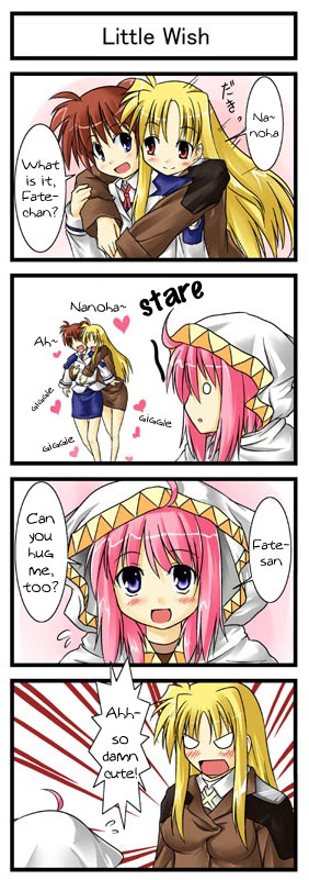 caro ru lushe, fate testarossa, takamachi nanoha, lyrical nanoha, mahou shoujo lyrical nanoha, mahou shoujo lyrical nanoha strikers, hard-translated, third-party edit, translated, 00s, 3girls, :o, angry, belt, black dress, blonde hair, blue eyes, blush, cape, comic, cowboy shot, dress, emphasis lines, empty eyes, english text, from side, gloves, hug, hug from behind, looking at viewer, multiple girls, open mouth, pink hair, profile, red hair, shaded face, short hair, standing, talking, text focus, upper body, yuri