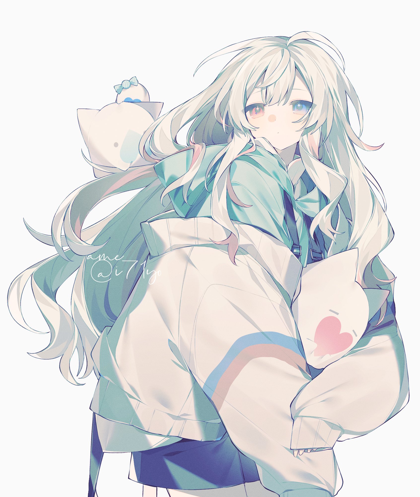 miis0r, original, highres, 1girl, blue eyes, closed mouth, heterochromia, hood, hoodie, jacket, long hair, long sleeves, looking at viewer, pink eyes, sidelocks, signature, simple background, sleeves past wrists, solo, white background, white hair, white hoodie, white jacket