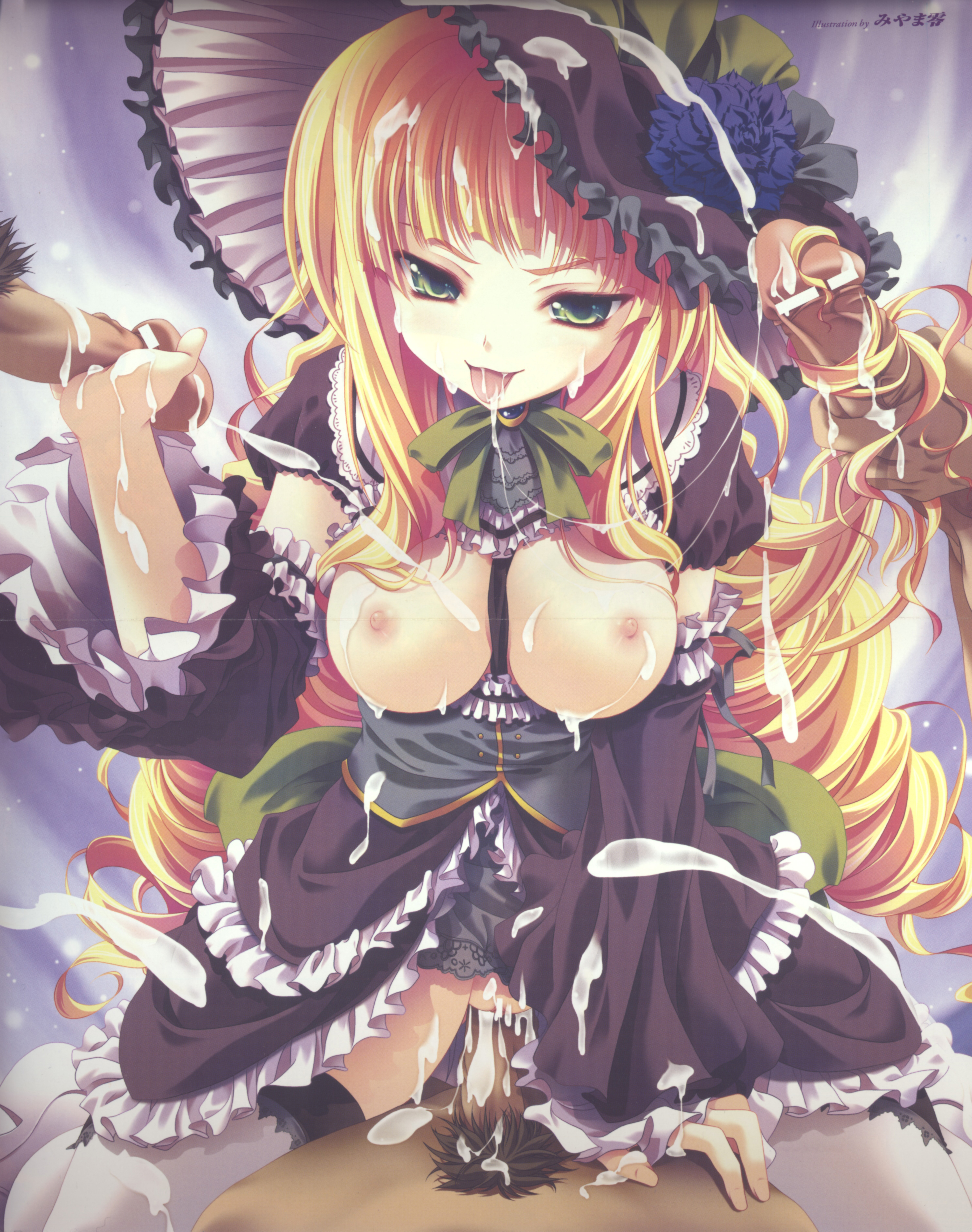 miyama-zero, victorica de blois, gosick, absurdres, highres, scan, 1girl, blonde hair, breasts, breasts out, bukkake, censored, clothed sex, cowgirl position, cum, cum on body, cum on breasts, cum on clothes, cum on hair, cum on lower body, cum on upper body, curly hair, dark-skinned male, dark penis, dark skin, ejaculation, facial, framed breasts, frills, gangbang, girl on top, goth fashion, gothic lolita, green eyes, group sex, hairjob, handjob, hat, interracial, lolita fashion, naughty face, nipples, open clothes, penis, pubic hair, pussy, sex, solo focus, straddling, tongue, vaginal
