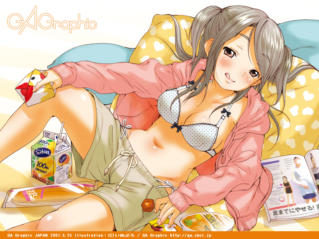 inuburo, gagraphic, 1girl, bra, brown hair, female focus, food, hood, hooded jacket, jacket, licking lips, lingerie, lying, magazine (object), midriff, open clothes, open jacket, pillow, shorts, solo, tongue, tongue out, twintails, underwear