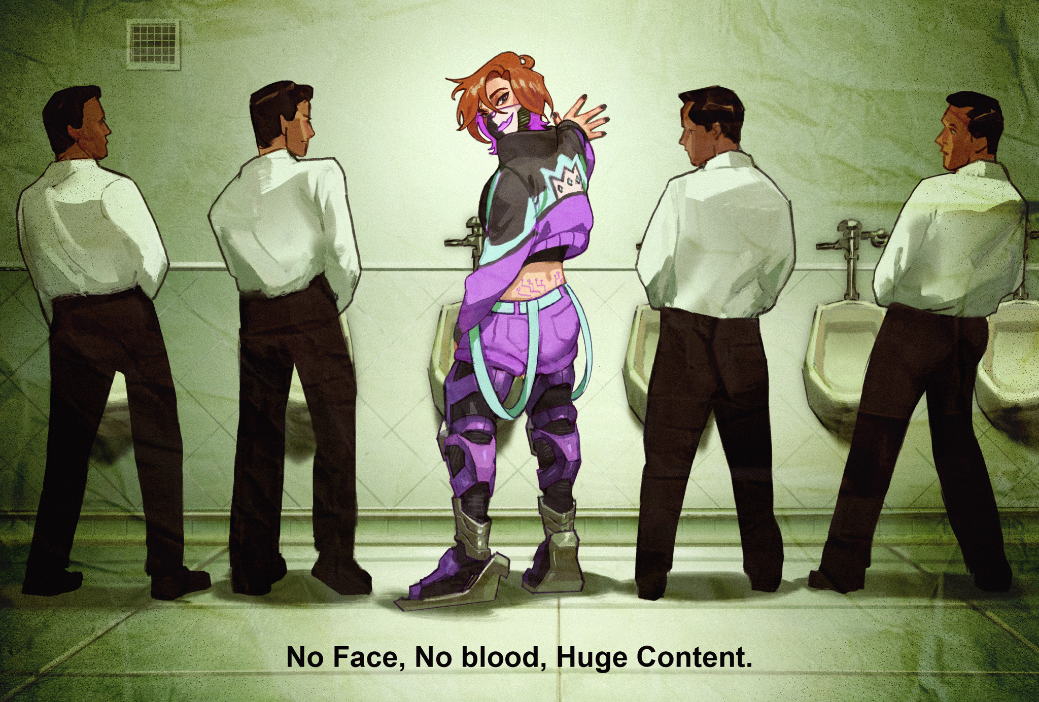 wolfythewitch, ranboo, ranboo (r800), indie virtual youtuber, rayman (series), commentary, english commentary, highres, official art, second-party source, 1other, 4boys, androgynous, android, back tattoo, brown hair, circuit board, cropped jacket, crown (symbol), english text, indoors, jacket, long sleeves, looking at viewer, mask, mechanical legs, mouth mask, multiple boys, parody, purple jacket, purple shorts, ranboo (r800) (2.0), short hair, shorts, tattoo, tramp stamp, urinal, virtual youtuber