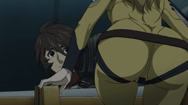 kodai susumu, mori yuki, uchuu senkan yamato, uchuu senkan yamato 2199, uchuu senkan yamato 2202: ai no senshi-tachi, animated, animated gif, anime screenshot, lowres, tagme, 10s, 1boy, 1girl, 2018, aircraft, airship, ass, blonde hair, bodysuit, breasts, brown eyes, brown hair, climbing ladder, from behind, hair between eyes, huge ass, long hair, medium breasts, military, military uniform, science fiction, short hair, skin tight, smile, spaceship, wide hips