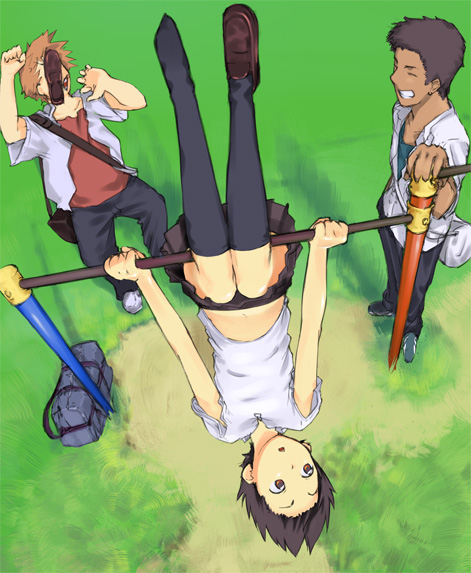 negy, konno makoto, mamiya chiaki, tsuda kousuke, toki wo kakeru shoujo, 00s, 1girl, 2boys, bar (place), black hair, brown eyes, hanging, horizontal bar, midriff, multiple boys, pole, shoes, short hair, single shoe, socks, upside-down