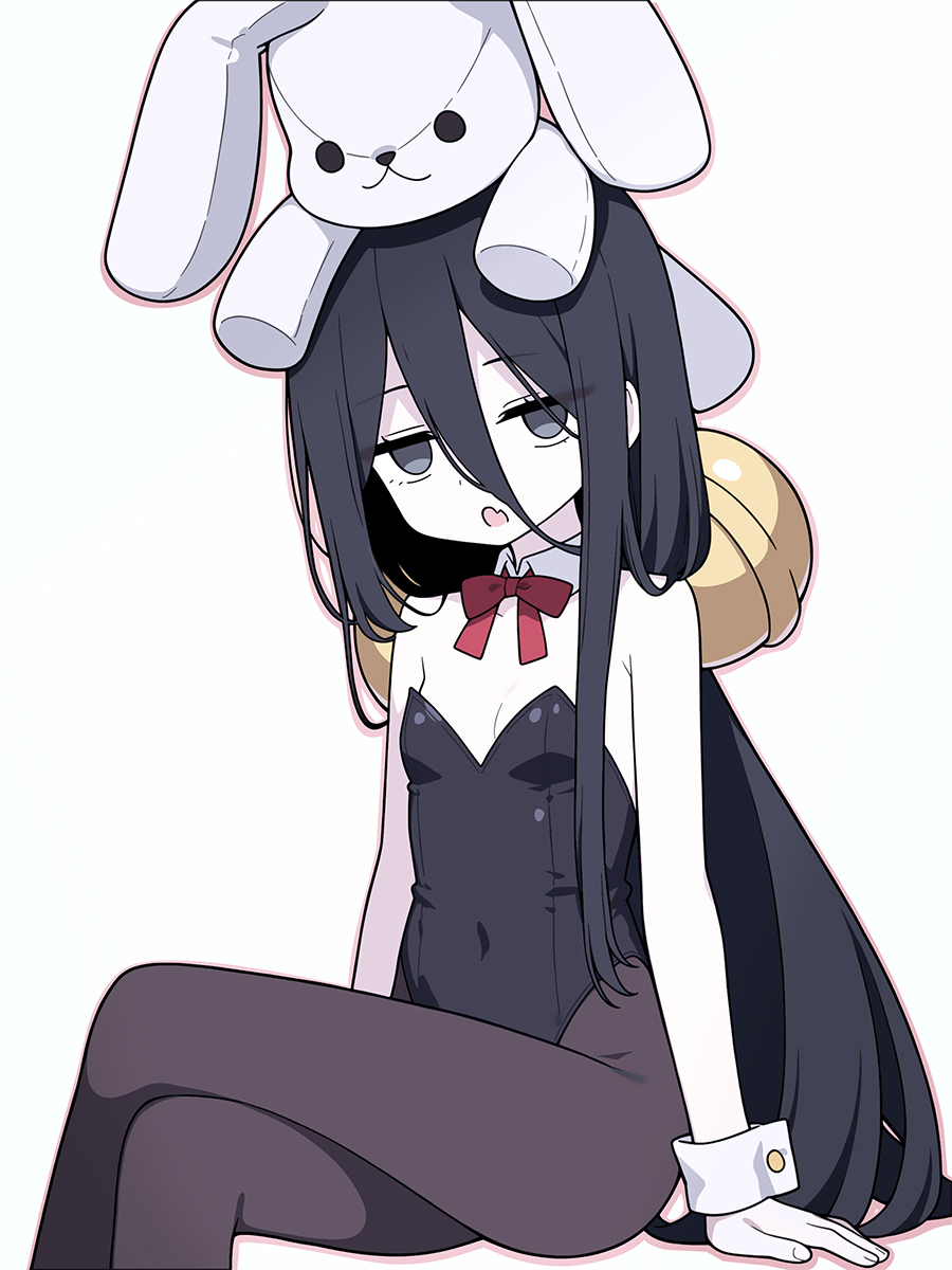 suuchi maigo (nan), chuugoku usagi, voicevox, highres, 1girl, bell, black eyes, black hair, breasts, crossed legs, detached collar, empty eyes, fang, hair bell, hair ornament, leotard, long hair, on head, pantyhose, playboy bunny, sitting, skin fang, small breasts, solo, stuffed animal, stuffed rabbit, stuffed toy, white background, wrist cuffs