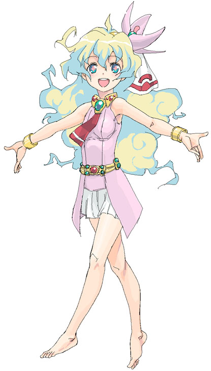satou atsuki, nia teppelin, tengen toppa gurren lagann, + +, 00s, 1girl, barefoot, bracelet, cross-shaped pupils, dress, feet, female focus, flower, hair flower, hair ornament, jewelry, long hair, multicolored hair, open mouth, outstretched arms, pink dress, pink skirt, skirt, sleeveless, solo, spread arms, symbol-shaped pupils