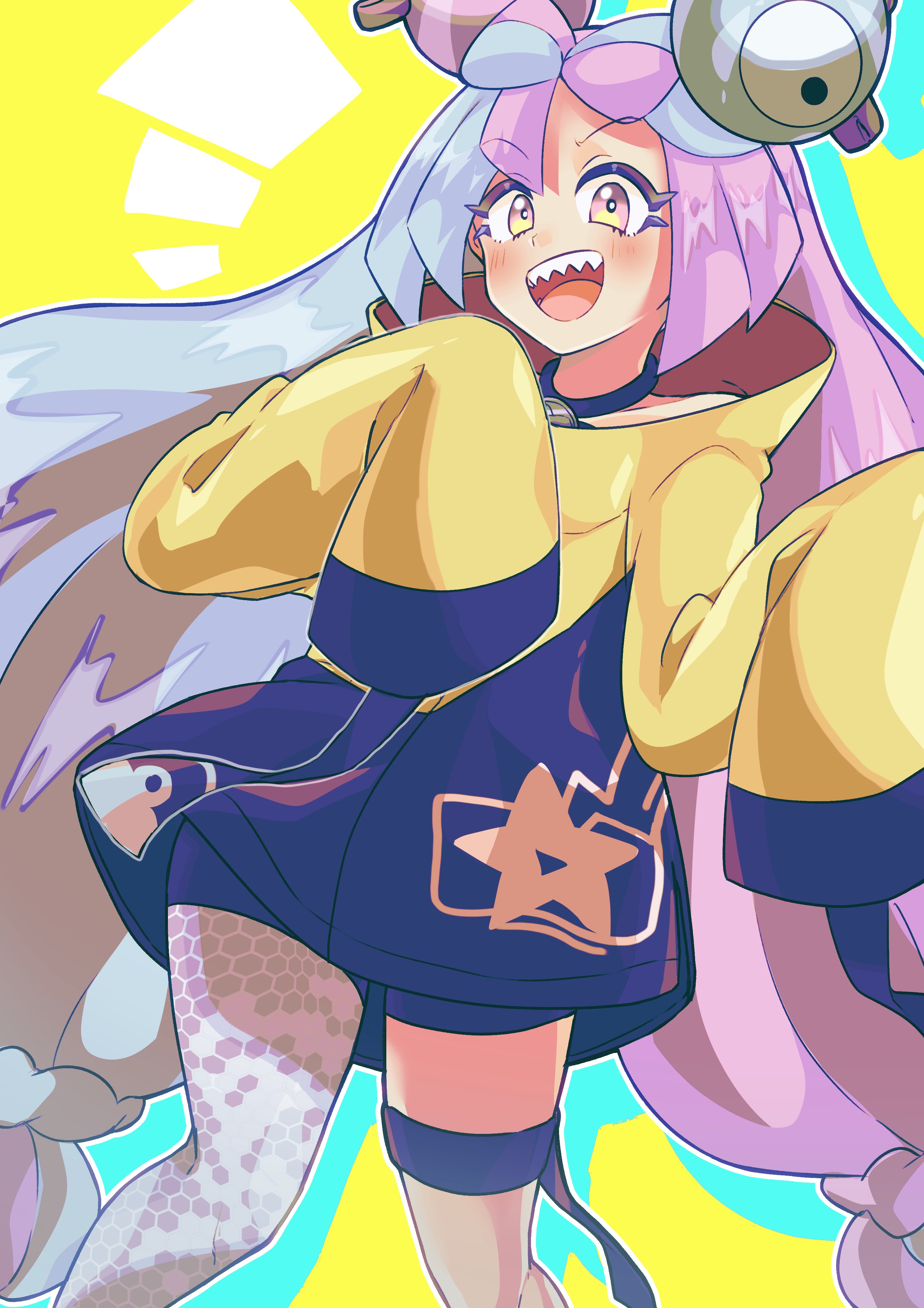 otyumamii, iono (pokemon), magnemite, nintendo, pokemon, pokemon sv, absurdres, commentary request, highres, 1girl, :d, aqua background, blue hair, blunt ends, bow-shaped hair, character hair ornament, fake hair bun, gen 1 pokemon, grey pantyhose, hair ornament, jacket, long hair, multicolored eyes, multicolored hair, open mouth, oversized clothes, pantyhose, pink eyes, pink hair, sharp teeth, single leg pantyhose, sleeves past fingers, sleeves past wrists, smile, solo, split-color hair, teeth, very long sleeves, yellow background, yellow eyes, yellow jacket