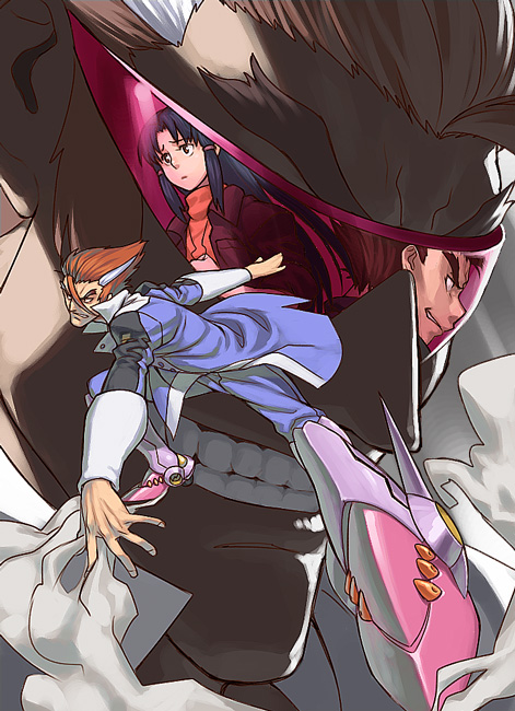 azusa (hws), kazuma (scryed), kiryuu mimori, straight cougar, scryed, 00s, 1boy, alter form, black hair, brown hair, clenched teeth, expressionless, from side, full body, helmet, long hair, looking at viewer, male focus, monster, open mouth, outstretched arms, profile, red scarf, reflection, scarf, smoke, teeth, transparent