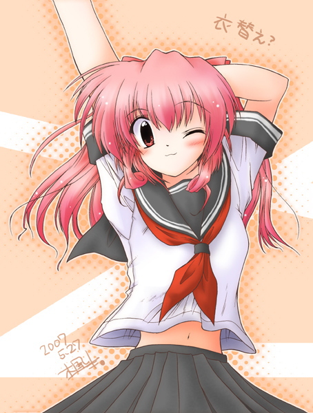 shizuna kaede, original, 1girl, arms up, black skirt, blue sailor collar, female focus, long hair, looking at viewer, navel, neckerchief, pink hair, pleated skirt, red eyes, sailor collar, school uniform, serafuku, skirt, solo, stomach, stretching