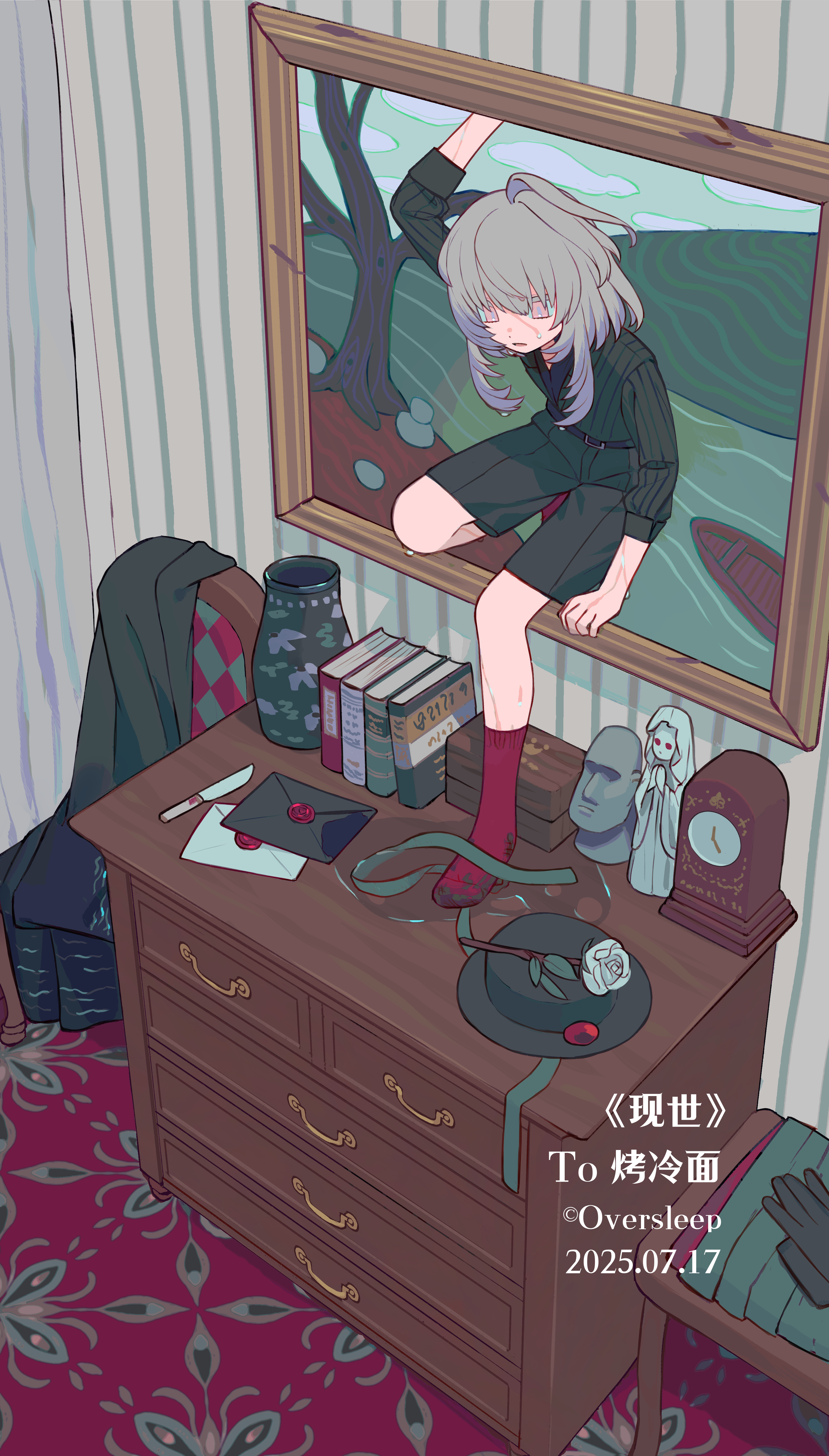oversleep, original, absurdres, highres, 1girl, belt, black hat, black shirt, black shorts, book, cabinet, chair, clock, collared shirt, grey hair, hat, long sleeves, no headwear, no shoes, painting (object), picture frame, red carpet, red socks, ribbon, shirt, short hair, short hair with long locks, shorts, socks, solo, vase, wardrobe
