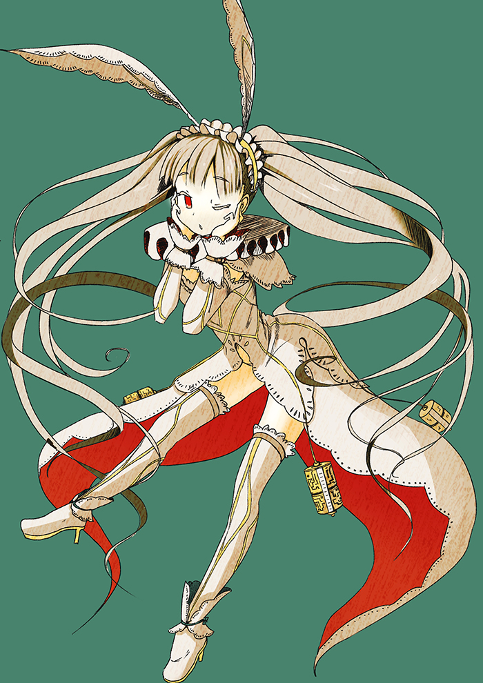 hin'yari (kakukuru), uasaha, kai-ri-sei million arthur, million arthur (series), 1girl, animal ear hairband, animal ears, capelet, dress, fake animal ears, frilled hairband, frills, green background, hairband, hands on own cheeks, hands on own face, high heels, long hair, one eye closed, rabbit ear hairband, rabbit ears, red dress, red eyes, shoes, solo, thighhighs, twintails, two-sided dress, two-sided fabric, very long hair, white capelet, white dress, white hair, white hairband, white shoes, white sleeves, white thighhighs, white wrist cuffs, wrist cuffs