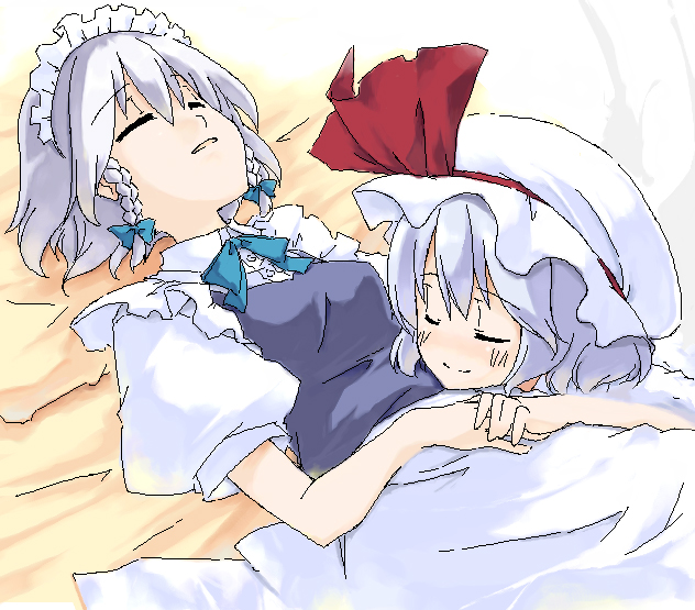 sakuraba yuuki, izayoi sakuya, remilia scarlet, touhou, 2girls, closed eyes, female focus, hat, maid, multiple girls, sleeping