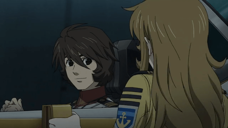kodai susumu, mori yuki, uchuu senkan yamato, uchuu senkan yamato 2199, uchuu senkan yamato 2202: ai no senshi-tachi, animated, animated gif, anime screenshot, lowres, tagme, 10s, 1boy, 1girl, 2018, aircraft, airship, ass, blonde hair, bodysuit, breasts, brown eyes, brown hair, climbing ladder, from behind, hair between eyes, huge ass, long hair, medium breasts, military, military uniform, science fiction, short hair, skin tight, smile, spaceship, wide hips