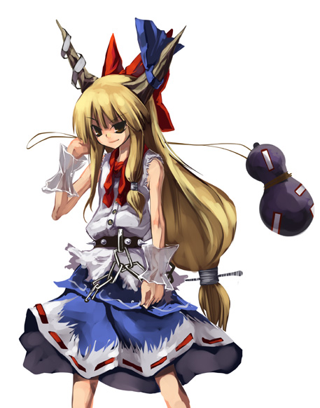 shimadoriru, ibuki suika, touhou, 1girl, belt, blonde hair, chain, female focus, gourd, horn ornament, horn ribbon, horns, long hair, looking at viewer, low-tied long hair, ofuda, ribbon, shirt, simple background, skirt, sleeveless, sleeveless shirt, solo, very long hair, wrist cuffs