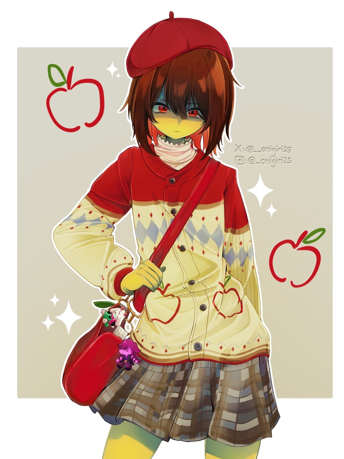 kris (deltarune), deltarune, utdr (toby fox), highres, 1other, alternate costume, apple, bag, brown hair, buttons, closed mouth, food, frilled shirt collar, frills, fruit, handbag, long sleeves, looking at viewer, medium hair, multicolored hair, navel, onigiri25, partially shaded face, plaid clothes, plaid skirt, pleated skirt, red eyes, red hair, simple background, skirt, sweater, two-tone hair