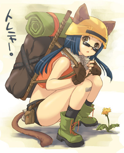 takumi namuchi, lowres, 1girl, :o, animal ears, ankle boots, backpack, bag, bandaid, bandaid on knee, bandaid on leg, belt pouch, black socks, blue hair, boots, brown eyes, brown gloves, cat ears, cat tail, dandelion, ears through headwear, female focus, fingerless gloves, flower, from side, full body, fur trim, gloves, green boots, helmet, lace-up boots, long hair, low twintails, midriff, pouch, sleeveless, socks, solo, squatting, sunglasses, tail, twintails