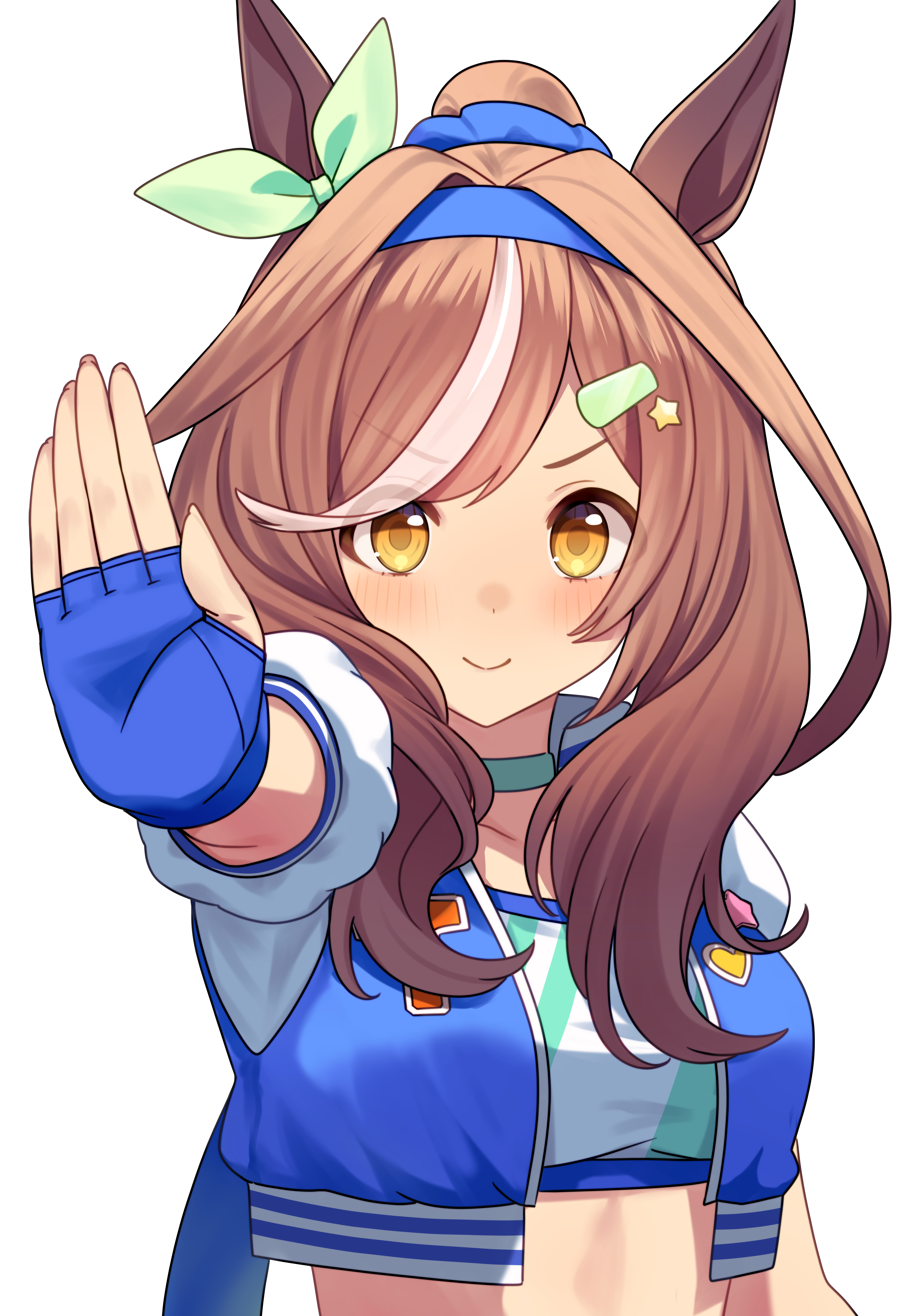 07nono06, matikanetannhauser (blue turbulence) (umamusume), matikanetannhauser (umamusume), umamusume, absurdres, commentary request, highres, 1girl, animal ears, blue gloves, blue hairband, bow, brown hair, closed mouth, ear bow, ei ei mun!, fingerless gloves, gloves, green bow, hairband, hand up, horse ears, horse girl, looking at viewer, official alternate costume, official alternate hairstyle, outstretched arm, simple background, smile, solo, upper body, v-shaped eyebrows, white background, yellow eyes