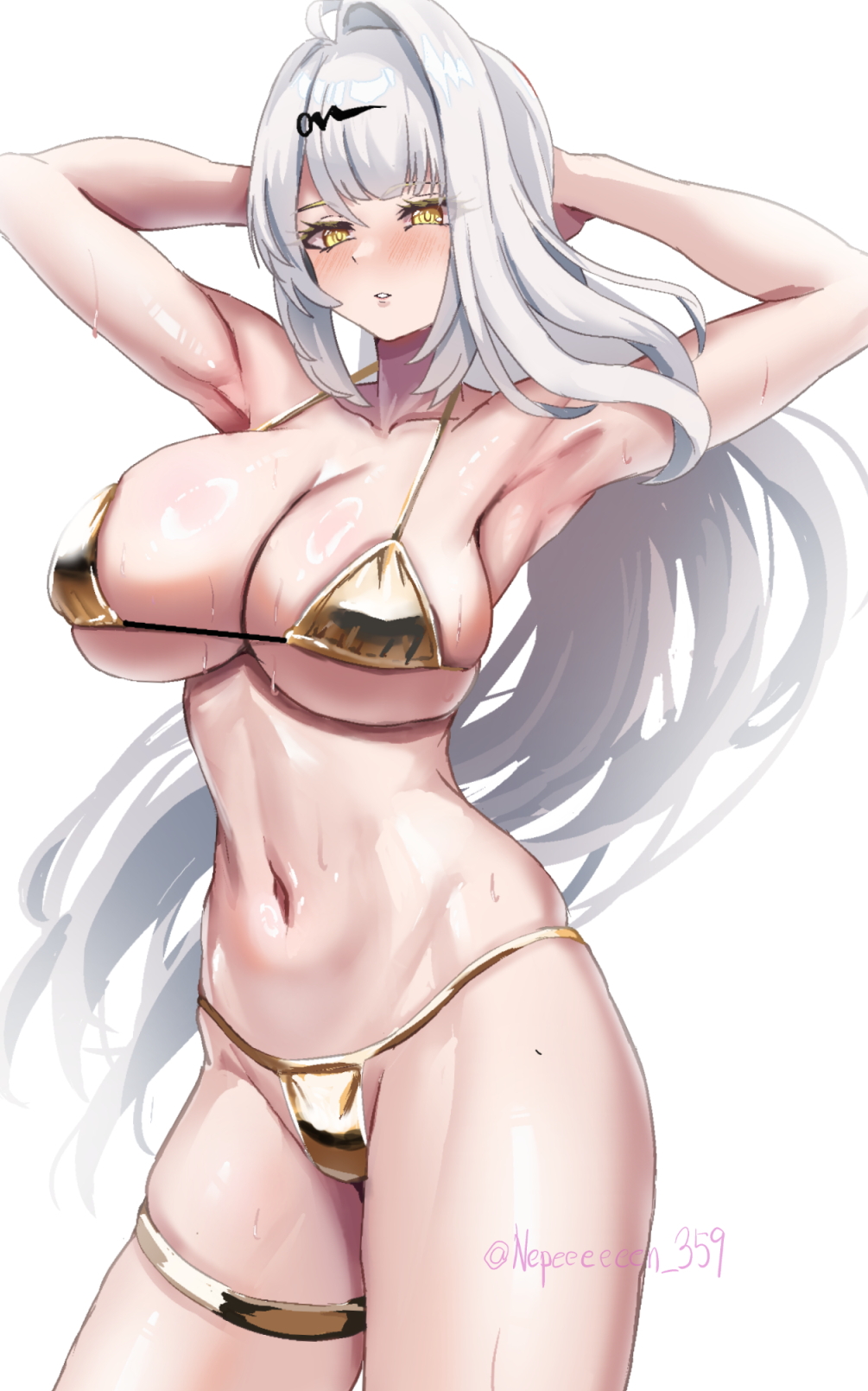 mosuchaka, yixuan (zenless zone zero), zenless zone zero, highres, 1girl, armpits, arms behind head, arms up, bikini, blush, breasts, cleavage, closed mouth, gold bikini, large breasts, long hair, looking at viewer, navel, solo, swimsuit, thigh strap, white background, white hair, yellow eyes