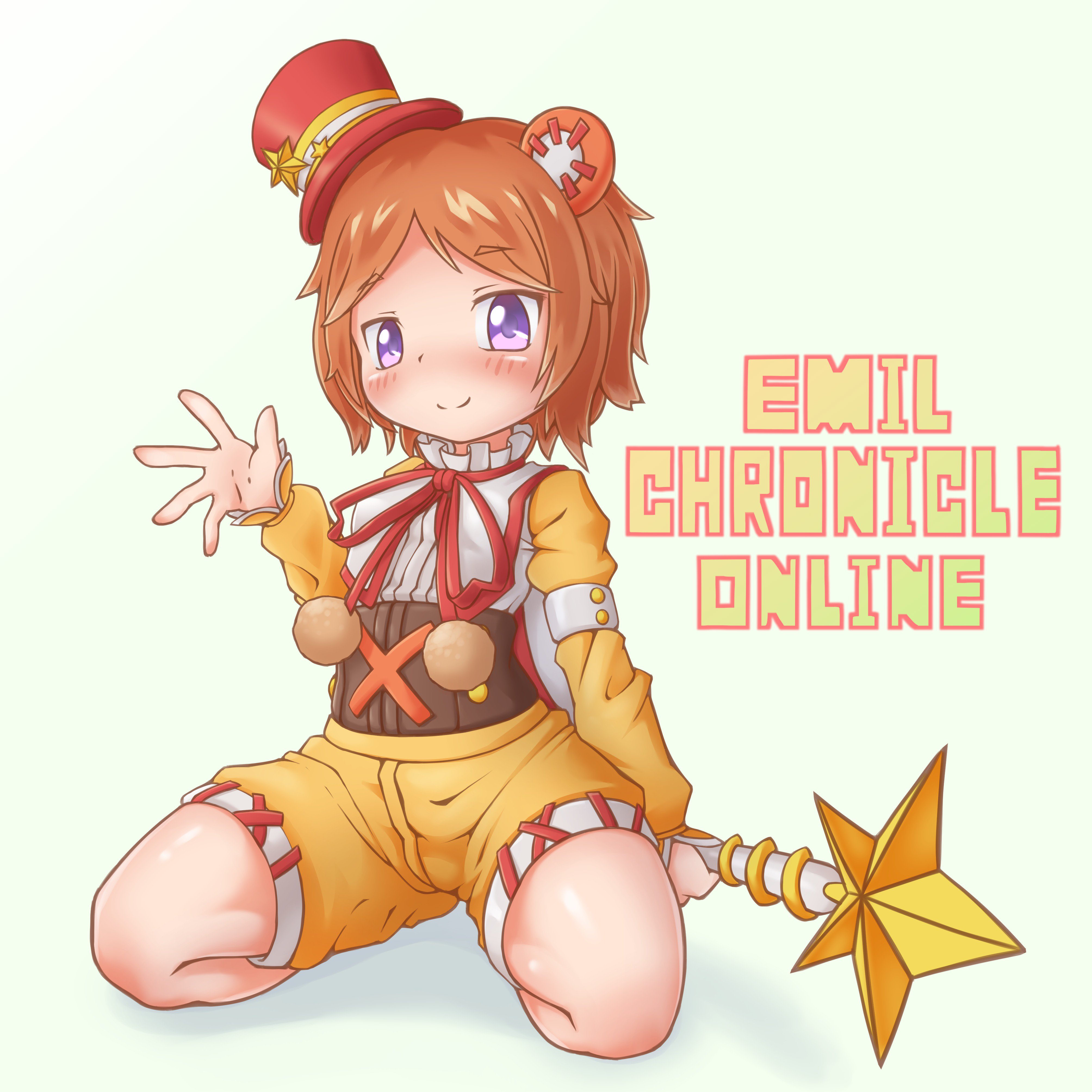 silver-index, tiny zero alma, emil chronicle online, absurdres, highres, 1girl, animal ears, bear ears, bear girl, blush, brown corset, brown hair, corset, green background, hat, holding, holding wand, purple eyes, red hat, seiza, shirt, short hair, shorts, sitting, smile, solo, wand, white shirt, yellow shirt, yellow shorts