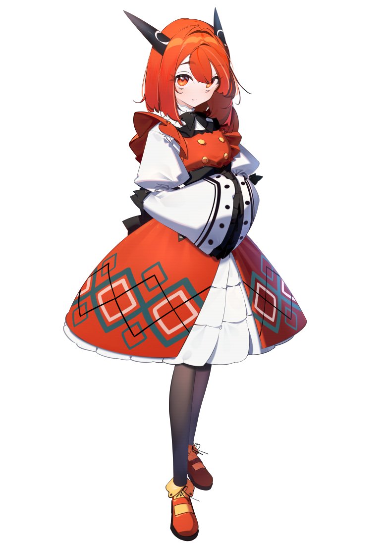 benio (dontsugel), laika (slime taoshite 300 nen), slime taoshite 300 nen shiranai uchi ni level max ni nattemashita, official art, 1girl, black bow, black horns, black pantyhose, bob cut, bow, breasts, closed mouth, dragon girl, dragon horns, dress, eyebrows hidden by hair, frills, full body, hair between eyes, horns, juliet sleeves, long sleeves, looking at viewer, pantyhose, puffy sleeves, red dress, red eyes, red hair, red shoes, shoes, short hair, simple background, solo, standing, tachi-e, white background, wide sleeves