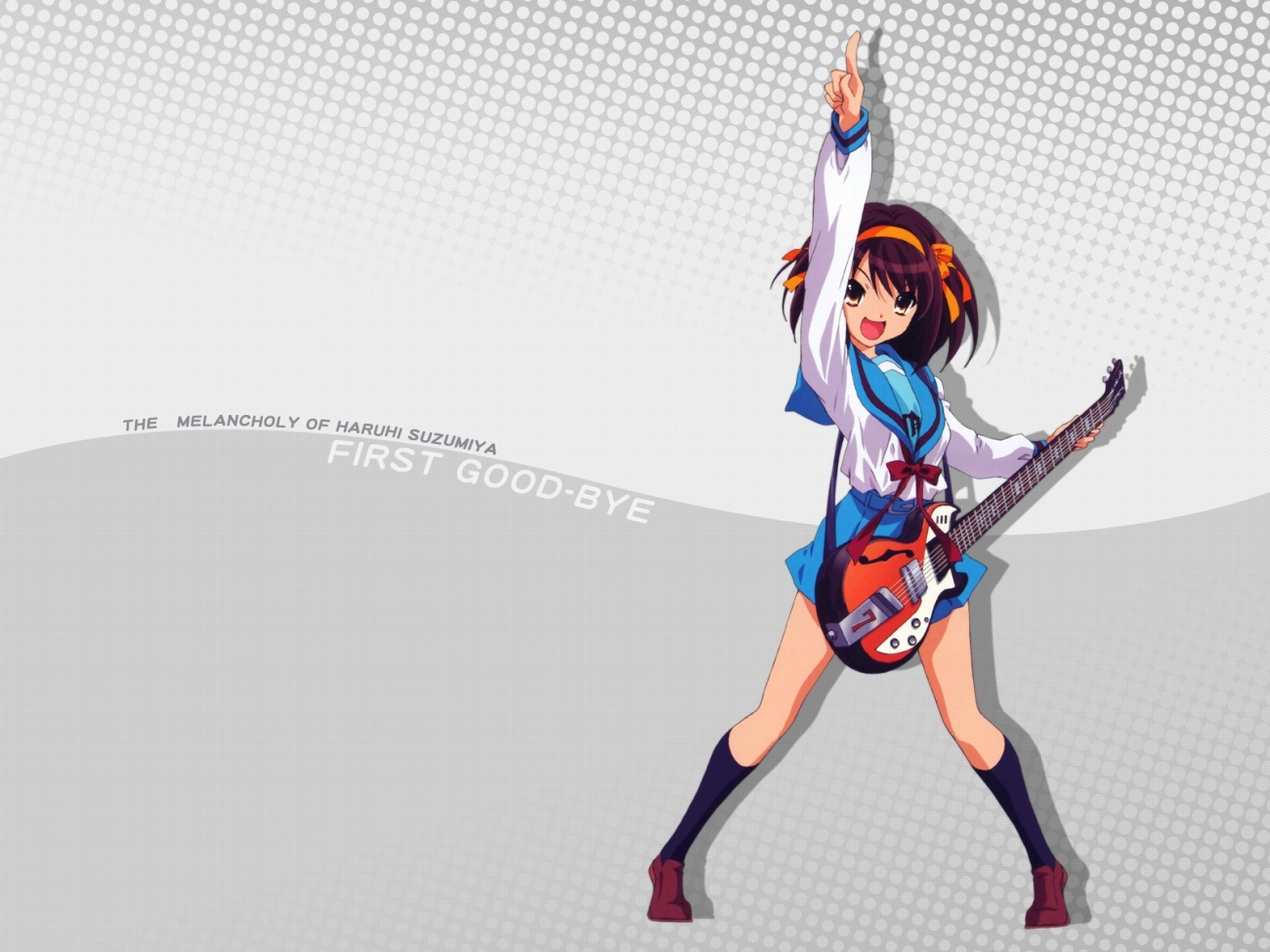 suzumiya haruhi, suzumiya haruhi no yuuutsu, 00s, brown hair, electric guitar, guitar, instrument, italia mondial, school uniform, serafuku, short hair, solo