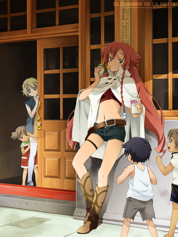saipaco, ellis, ellis (el cazador de la bruja), nadie, el cazador de la bruja, 00s, 2boys, 3girls, asymmetrical hair, belt, belt skirt, blonde hair, blue eyes, boots, braid, brown hair, cape, child, eating, flat chest, hair ornament, long hair, mexico, midriff, multiple boys, multiple girls, red hair, shorts, smile, sweatdrop, thighhighs, twintails, vest, zettai ryouiki