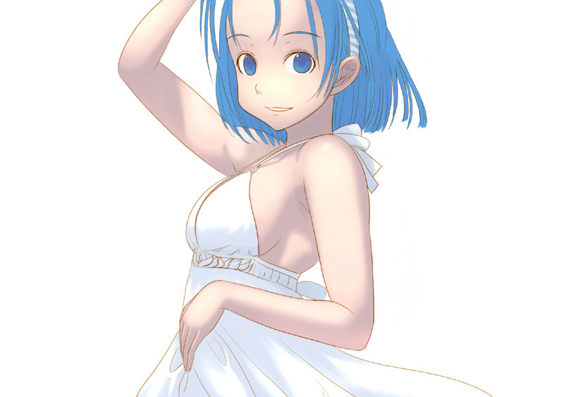 kiriman (souldeep), original, 1girl, blue eyes, blue hair, breasts, dress, female focus, hairband, looking at viewer, sideboob, smile, solo
