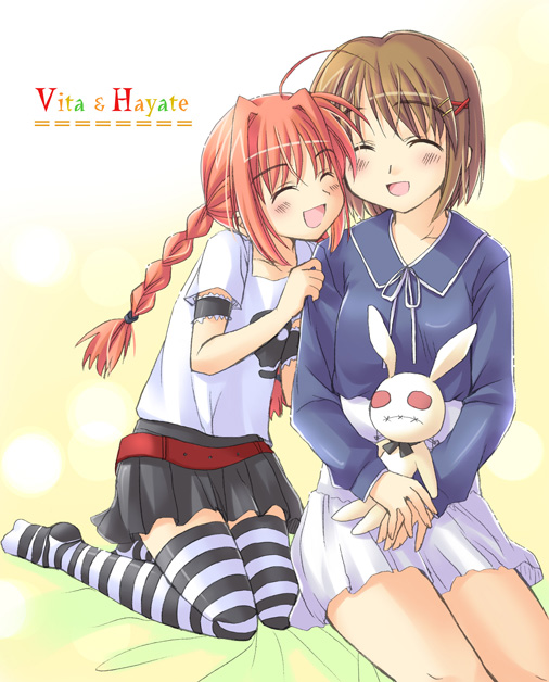 koyuki (2smj), koyuki (artist), vita (nanoha), yagami hayate, lyrical nanoha, mahou shoujo lyrical nanoha, mahou shoujo lyrical nanoha a's, striped legwear, 00s, 2girls, ^ ^, ahoge, arm garter, belt, braid, brown hair, character name, closed eyes, clothes grab, hair ornament, hairpin, kneeling, long hair, multiple girls, no legwear, no shoes, red hair, shirt, short hair, sitting, skirt, sleeve grab, striped clothes, striped thighhighs, stuffed animal, stuffed rabbit, stuffed toy, t-shirt, thighhighs, twin braids, zettai ryouiki