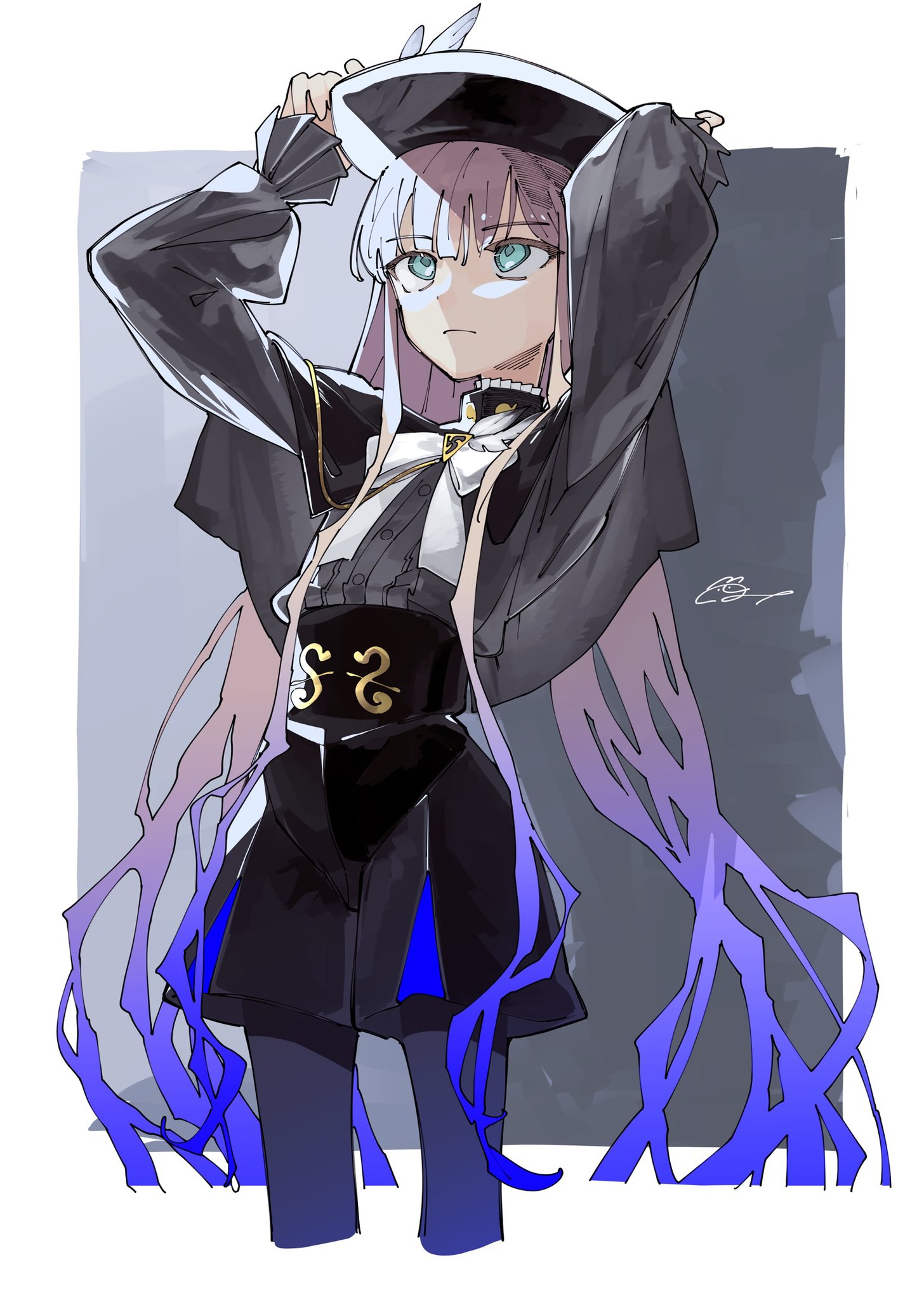 mikanha346, noah (fate), fate/grand order, fate (series), highres, 1boy, adjusting clothes, adjusting headwear, black capelet, black hat, black pantyhose, black skirt, blue hair, bow, brown hair, capelet, closed mouth, cropped legs, green hair, grey shirt, hat, long hair, long sleeves, multicolored hair, noah (second ascension) (fate/grand order), pantyhose, shirt, simple background, skirt, solo, standing, very long hair, white bow