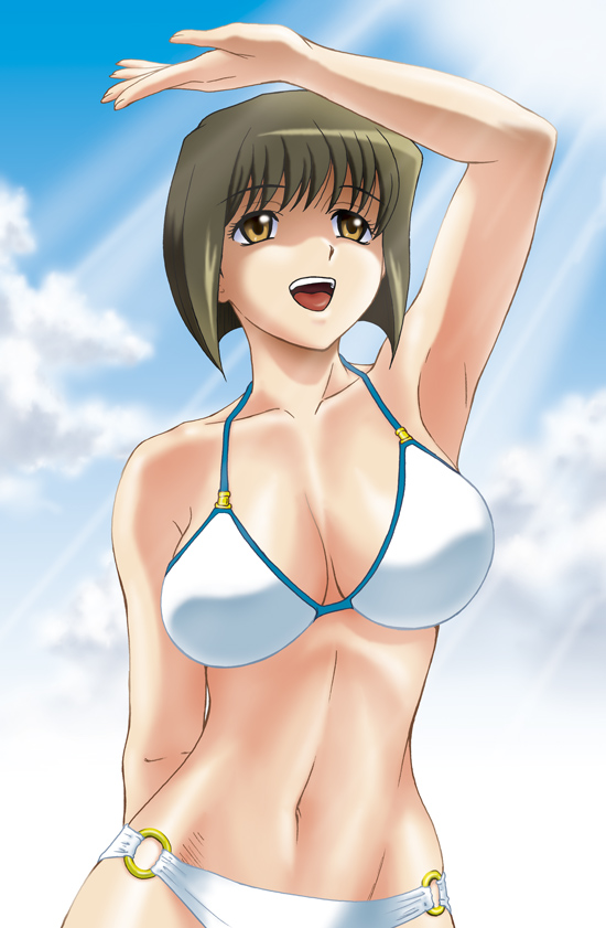 misnon the great, hagiwara yukiho, idolmaster, idolmaster xenoglossia, 00s, 1girl, armpits, bikini, breasts, brown eyes, brown hair, day, female focus, large breasts, short hair, solo, swimsuit, white bikini