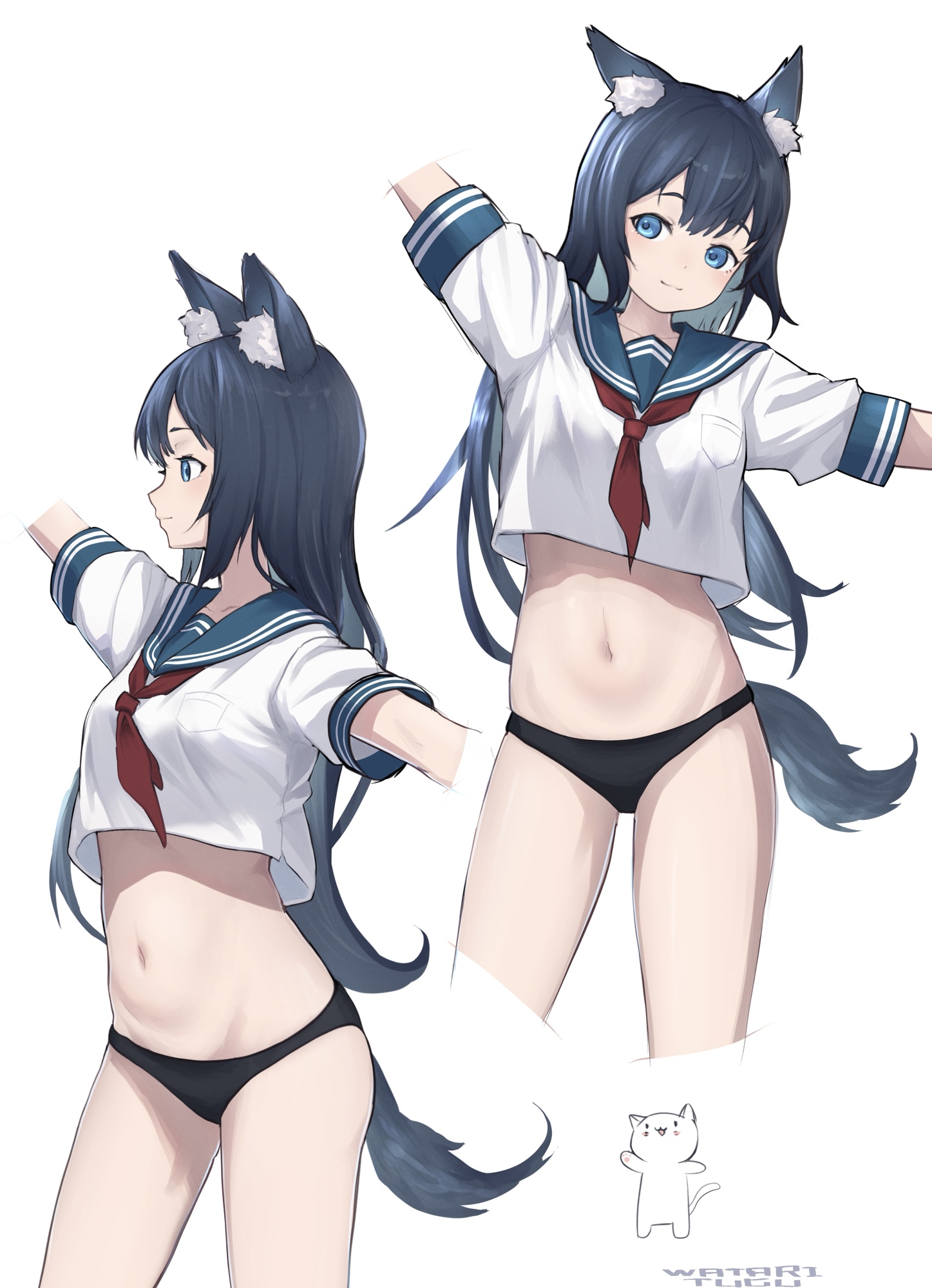 akemiya genma, original, highres, 1girl, animal ears, black hair, black panties, blue eyes, breasts, chibi, chibi inset, closed mouth, cropped arms, cropped legs, cropped shirt, eyebrows hidden by hair, from side, hair between eyes, long hair, looking ahead, looking at viewer, medium breasts, multiple views, navel, outstretched arms, panties, sailor collar, school uniform, serafuku, shirt overhang, simple background, smile, spread arms, stomach, tail, underwear, white background, wolf ears, wolf girl, wolf tail