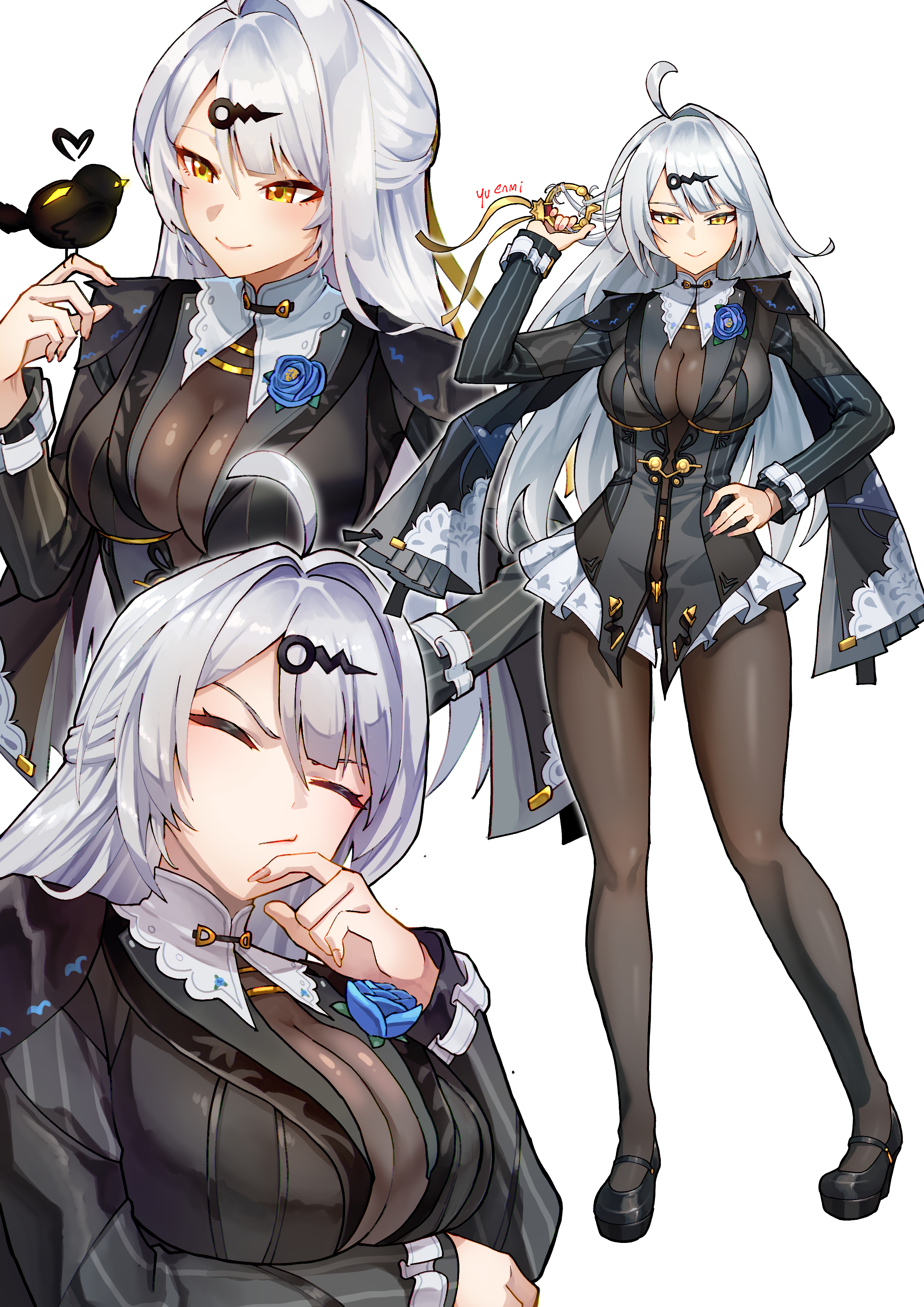 you nf, yixuan (trails of ink) (zenless zone zero), yixuan (zenless zone zero), zenless zone zero, black bodystocking, absurdres, highres, 1girl, ahoge, bird, bird on hand, black jacket, black pantyhose, black shoes, breasts, cleavage, closed eyes, closed mouth, hand on own hip, jacket, large breasts, looking at viewer, mary janes, official alternate costume, pantyhose, shoes, skirt, smile, solo, white hair, white skirt, yellow eyes